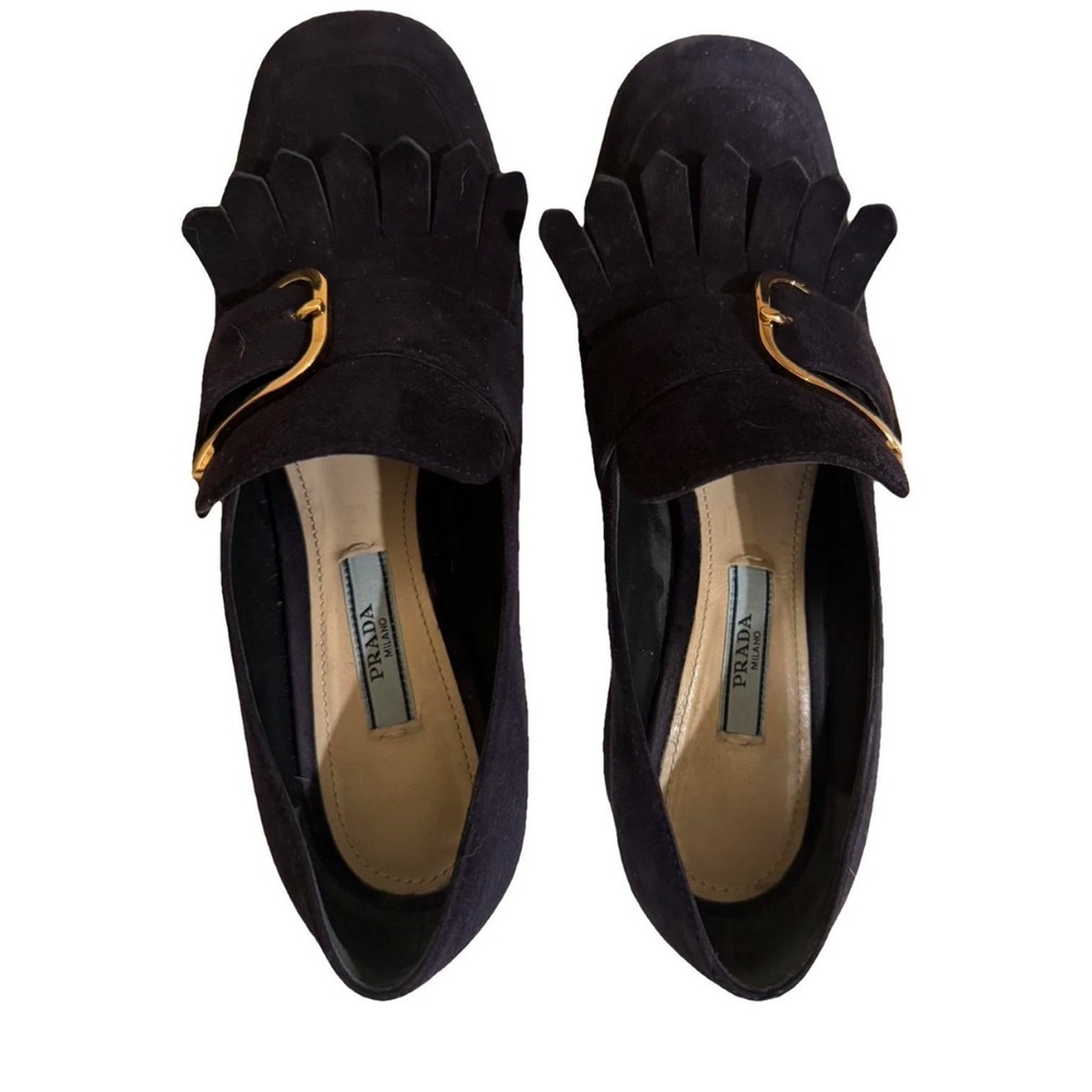 100% Auth PRADA Dark Navy Blue Suede Loafers with Gold Buckle (size 6.5)